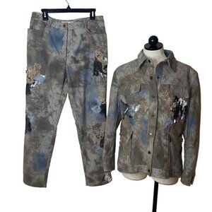 Oppio Jeans Vintage Womens Pant Jacket Set Size L Khaki Tie Dye Applique Vintage